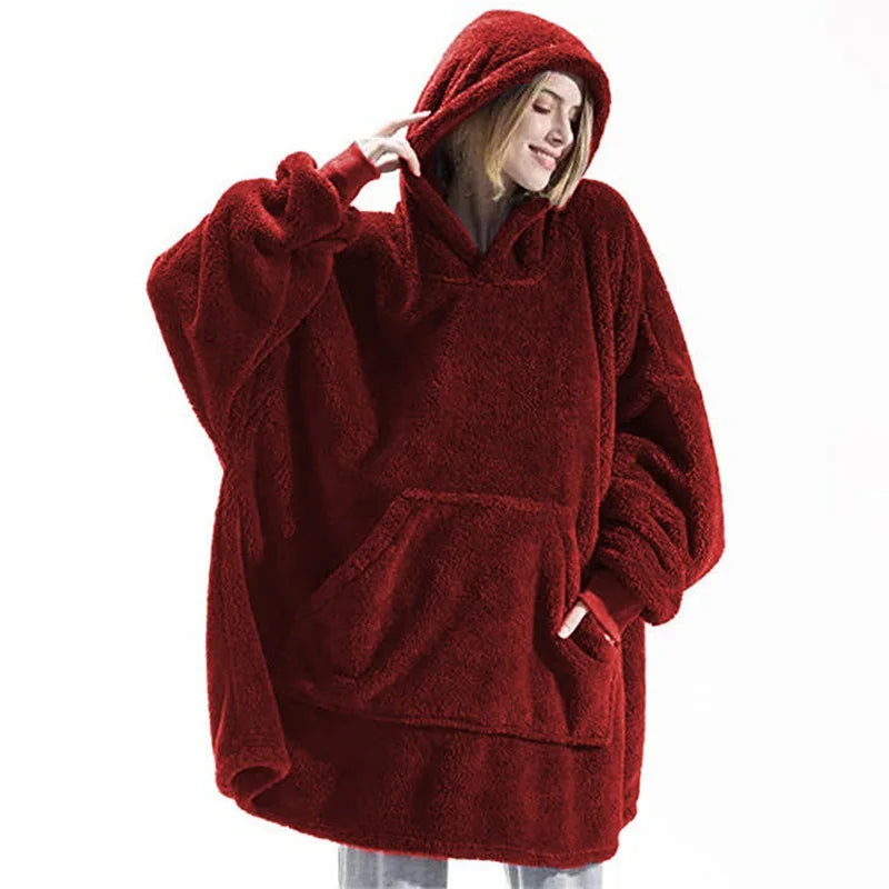 New Winter Women Double-faced Fleece Hoodie Blanket Oversize Large Pocket Warm Couple Loose Sweatshirts Women And Men Robe - Matrix Studios