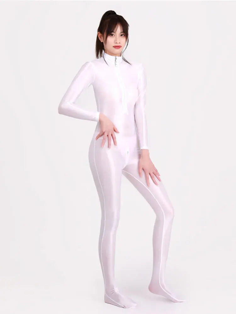 Women Oily Glossy Long Sleeve Elastic Bodysuit Bodycon Rompers One-piece Swimsuit Silky Tights Satin Pantyhose Jumpsuits Thong - Matrix Studios