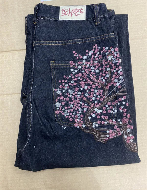 Vintage Low Waist Hip Hop Cherry Blossom Embroidered Jeans  Wide Leg Trousers Y2K Clothes Mens Womes Embroidered Baggy Jeans - Matrix Studios