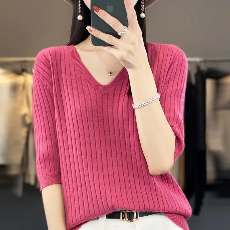 Women's Sweater Spring Summer Short Sleeve V-neck Knit Shirt Casual Korean Pullovers Stripe Bottoming Shirt Slim Fit Jumpers - Matrix Studios