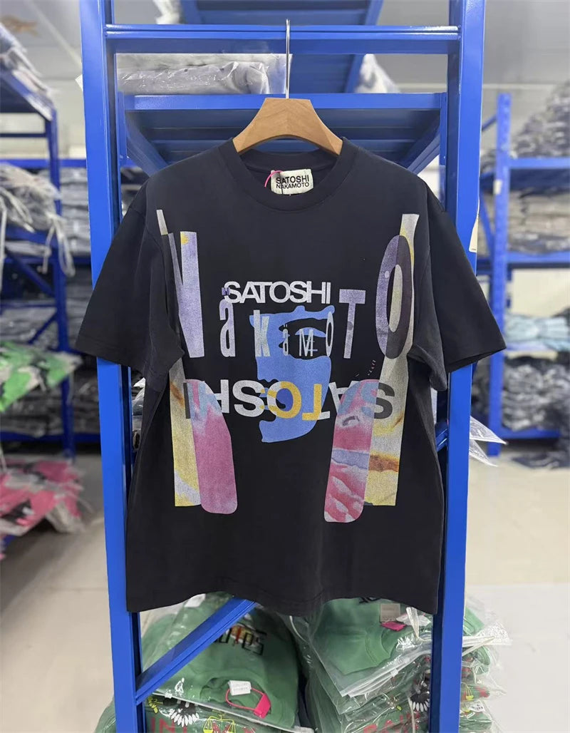 New SATOSHI Vintage Washed Inverted Letter Print Casual Loose Round Neck Short Sleeved Street Cotton Versatile Oversize T-shirt - Matrix-studios.com
