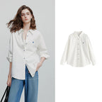 TOYOUTH Women Blouse Shirt 2025 Spring New Love Embroidered Simple and Versatile Solid Color Pure Cotton Shirt Tops - Matrix-studios.com