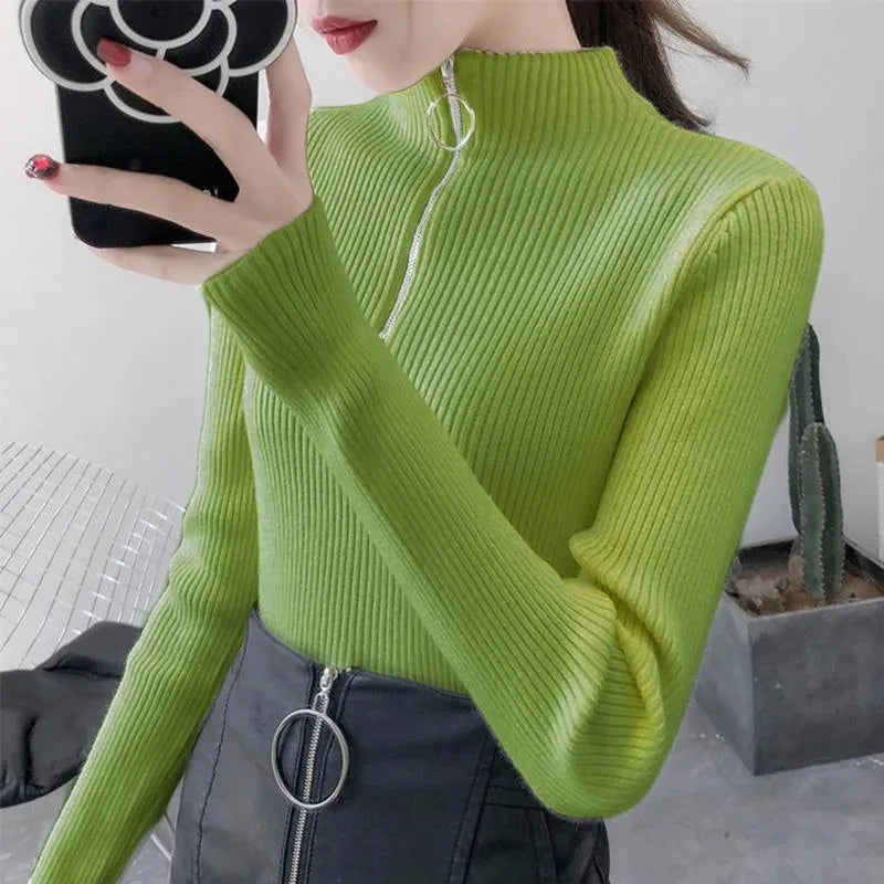 Knitted Women Zipper Half High Neck Sweater Pullovers Autumn Winter Basic Women Sweaters Slim Solid Knitwear Pull Femme Tops - Matrix-studios.com