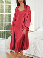 Ladies Solid Color Tie Robe V Neck Slip Dress Fashion Elegance Four Seasons Pajama Set - Matrix-studios.com