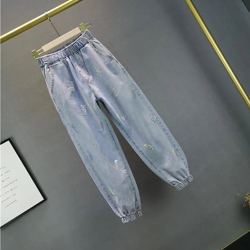 High waisted Jeans For Summer 2026 New Loose Elastic waist Hot pressed Diamond Pants Women's Casual Denim Trousers - Matrix-studios.com