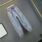 High waisted Jeans For Summer 2026 New Loose Elastic waist Hot pressed Diamond Pants Women's Casual Denim Trousers - Matrix-studios.com