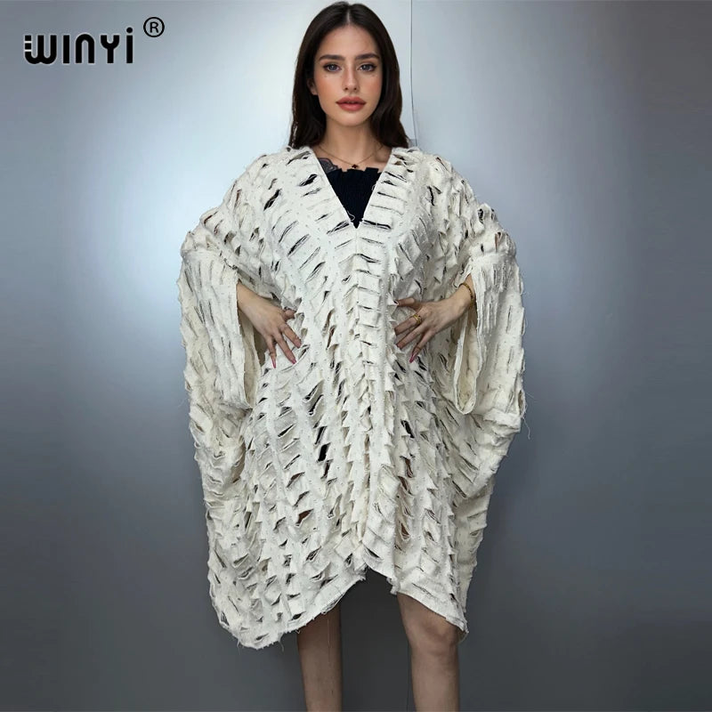 WINYI Original V Neck Denim Sexy Short Dress with Holes New Fashion Africa Womens Party Holiday Casual Maxi Beach Dress - Matrix Studios