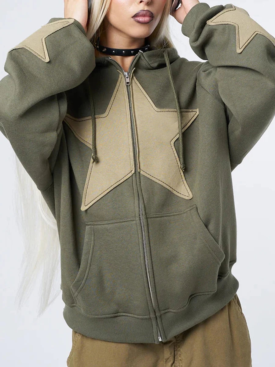 Y2K Vintage Star Print Hooded Hoodie for Women Casual Loose Long Sleeve Zip Up Drawstring Sweatshirts Autumn Spring Coat Street - Matrix Studios