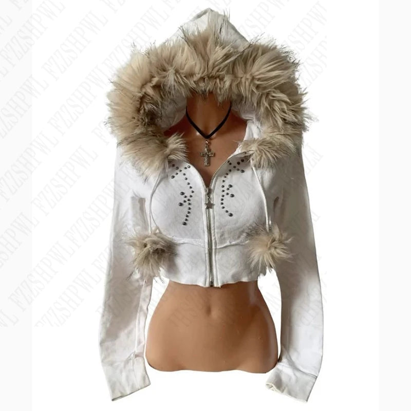 Millennial Y2K Vintage Spice Girl Slim Waist Pink Zipper Hooded Hoodie Jacket Female Autumn/Winter Design Sense Woolly Hat - Matrix Studios