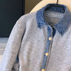 Chic Denim Collar Stitching Fake Two-piece Sweater Women's Cardigan New Single Breasted Knitted Jacket Coat Female Outwear - Matrix Studios