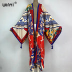 2023 WINYI New Cotton Feeling Bikini Cover-ups Bohemian Print Front Open Long Kimono Kaftan Beach Cover Ups for Swimwear Dresses - Matrix Studios