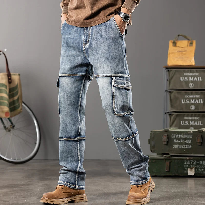 Autumn and winter new styles Men's Outdoor Wide Leg Workwear Multi-Pocket Jeans Straight fit plus size men's jeans  42 44 - Matrix Studios