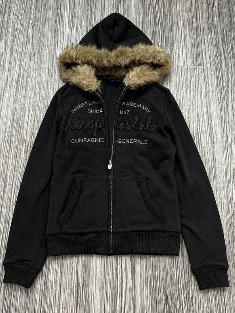 American Vintage Pink Furry Hoodie Women Y2K Harajuku Faux Fur Collar Jacket Fashion Slim Waist Belted Hot Girl Sweatshirt New - Matrix Studios