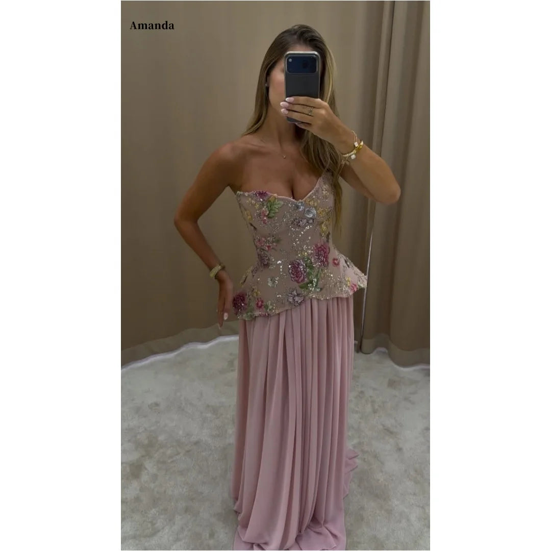 Amanda Customized Blush Pink Strapless Floral Embroidery Sequin Waist Chiffon Maxi vestidos de noche Elegant Formal Evening 2025 - Matrix Studios