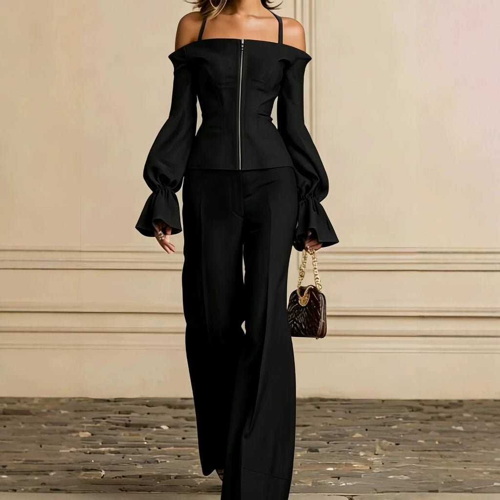 2 Piece Pants Set Women Solid Spaghetti Strap Lantern Sleeve Zip Slim Top Wide Leg Trousers Outfits Elegant Formal Office Suit - Matrix-studios.com