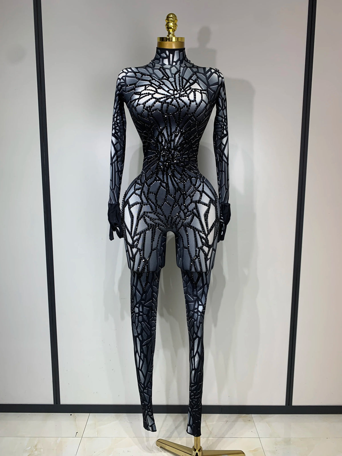 Women Sexy Black Rhinestone Stretch Bodycon Jumpsuit Club Evening Party Birthday Wear Singer Dancer Stage Perform Costume - Matrix Studios