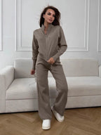 Bornladies Women's New Knit Zip Up Cardigan Wide Leg Pants Set Soft Fabric Cropped Elastic Waist Autumn Winter Fashion Sweater - Matrix-studios.com