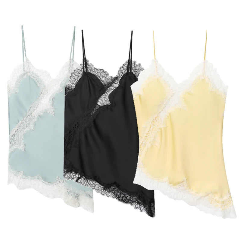 HXAO 2025 Woman Asymmetrical Slip Top Women Sexy Black Yellow Blue Top Lace Tanks & Camis Chic Y2K Sleeveless Backless Camisole - Matrix-studios.com