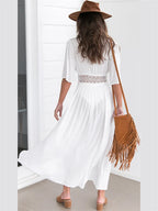 2026 Summer Bikini Cover-ups Women Bohemian Beach Long Dress Short Sleeve Lace Hollow Out Cardigan Swimwear Cover Ups Beachwear - Matrix Studios