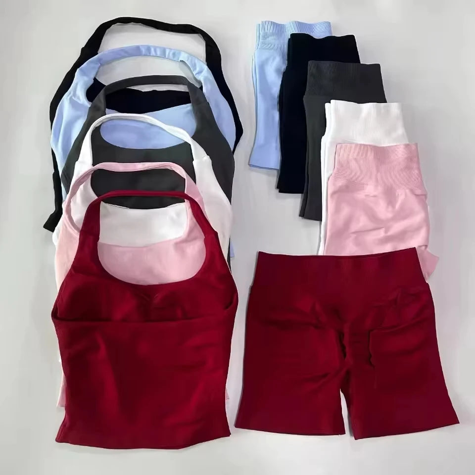 1-2pcs Gym Set Women Backless Tank Tops High Waist Scrunch Seamless Shorts High Waist Yoga Leggings Workout Sets Gym Suit - Matrix-studios.com