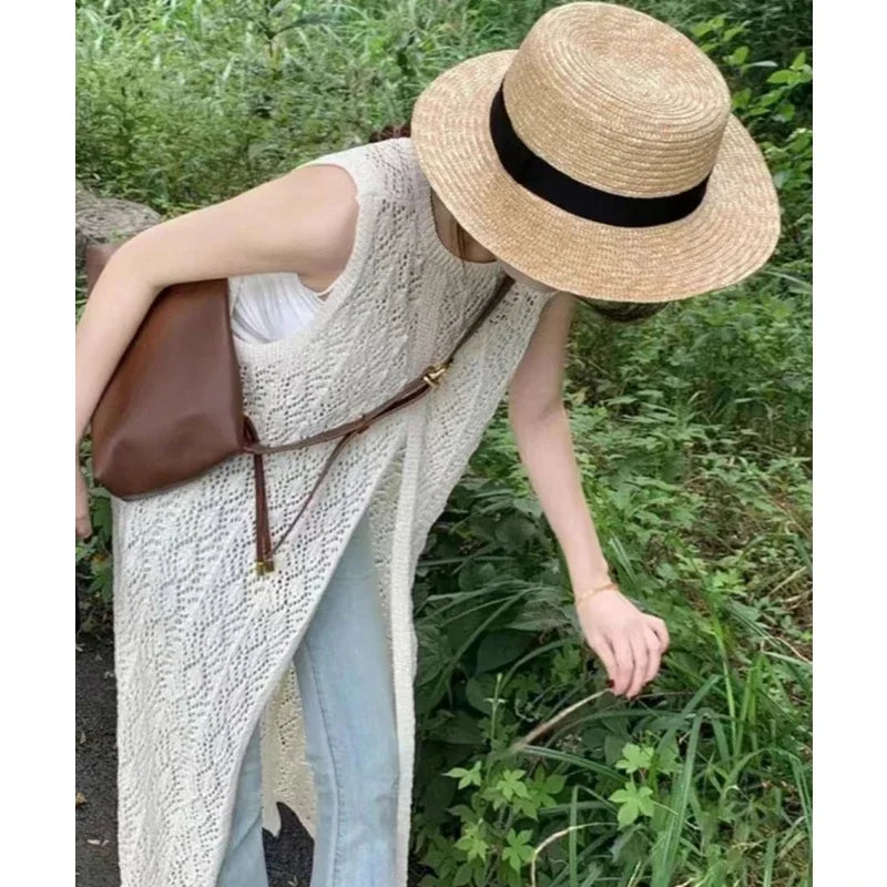 Summer vintage hollowed out knitted cardigan sleeveless lace sun protection cover Korean version elegant solid color outfit6863 - Matrix Studios