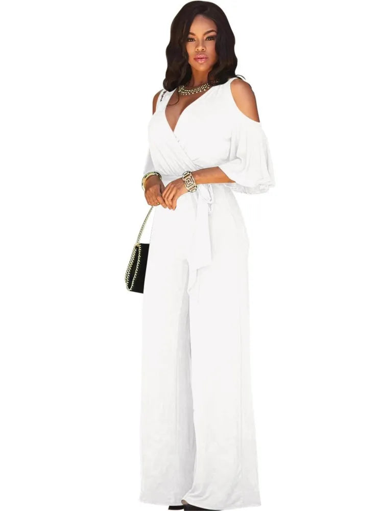 Spring Summer Solid Color Women Sexy Deep V Neck Short Sleeve Rompers Fashion Slim Fit Lace Up Elegant Female Wide Leg Jumpsuit - Matrix Studios