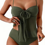 Women Solid Front Bow Chiffon Bikinis Set 2 Piece Tankini Swimsuit Strapless Bandeau Spaghetti Strap High Cut Beach Swimwear - Matrix-studios.com