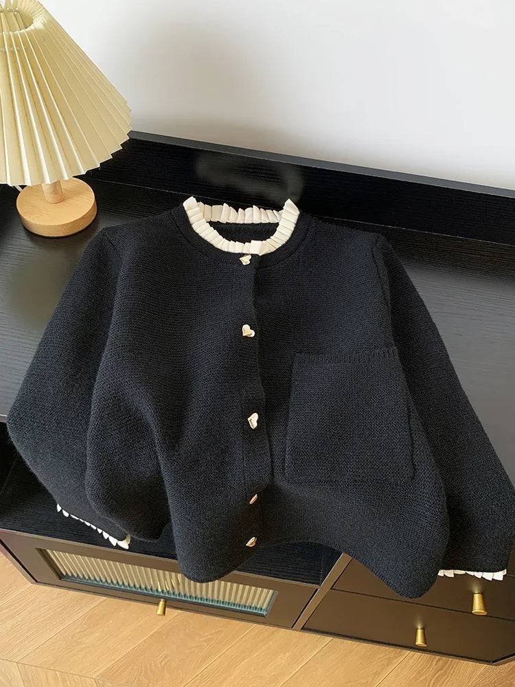 Women Clothing Autumn New Love Button Pleated Collar Knitted Cardigan Jacket Female Lazy Style Sweet Korean Fashion Sweater Tops - Matrix Studios