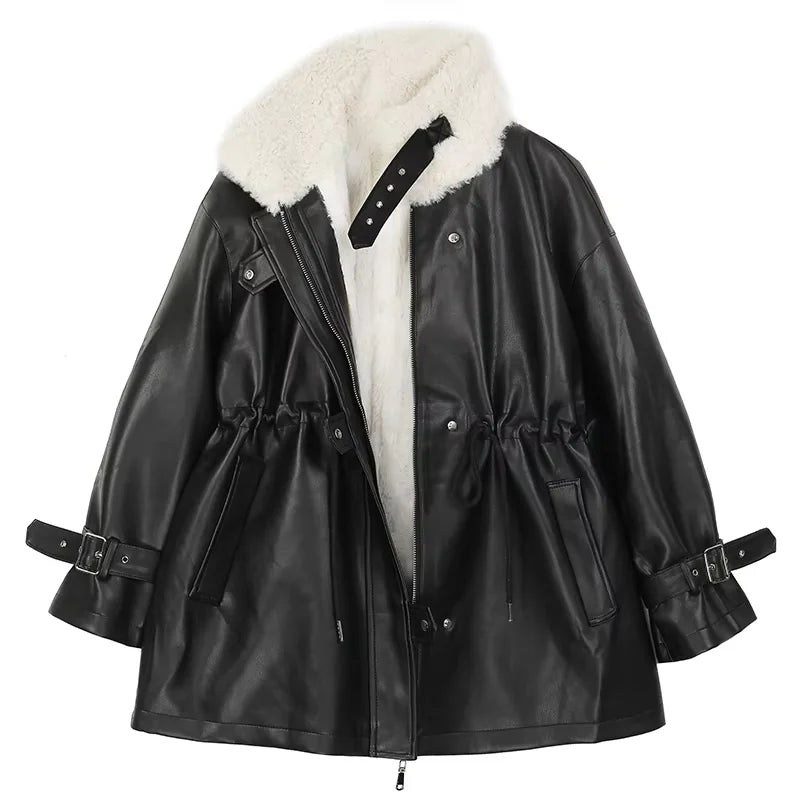 Mauroicardi Autumn Winter Loose Thickened Warm Black Pu Leather Jacket Women with Faux Fur Inside and Collar Furry Parka 2025 - Matrix Studios