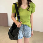 Basic V-neck Solid Thin Summer Pullover Women Female Knitted Ribbed Sweater Slim Short Sleeve Bodycon Sweater - Matrix Studios