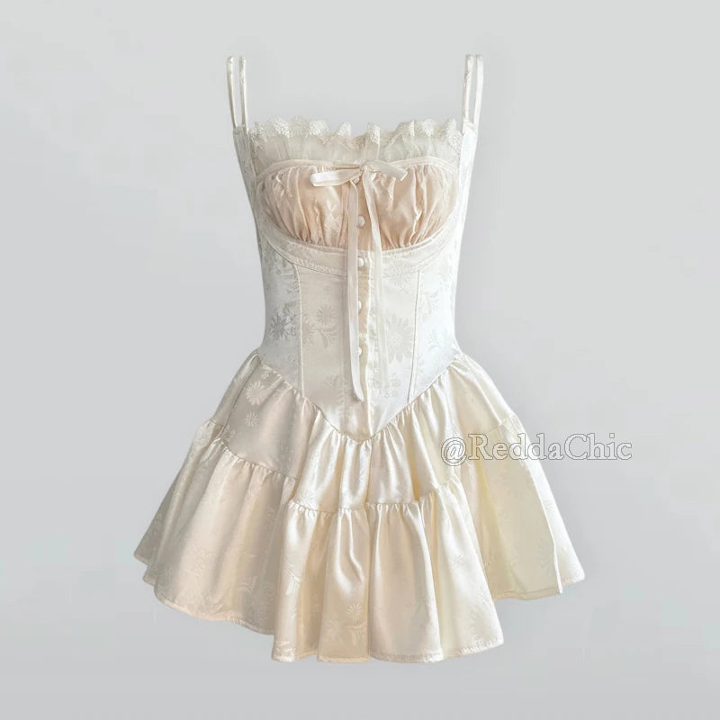REDDACHiC Floral Satin Women Rompers Stitch Lace Corset Square Neck Buttoned Camisole Mini Dress Pretty Elegant Summer Clothes - Matrix Studios