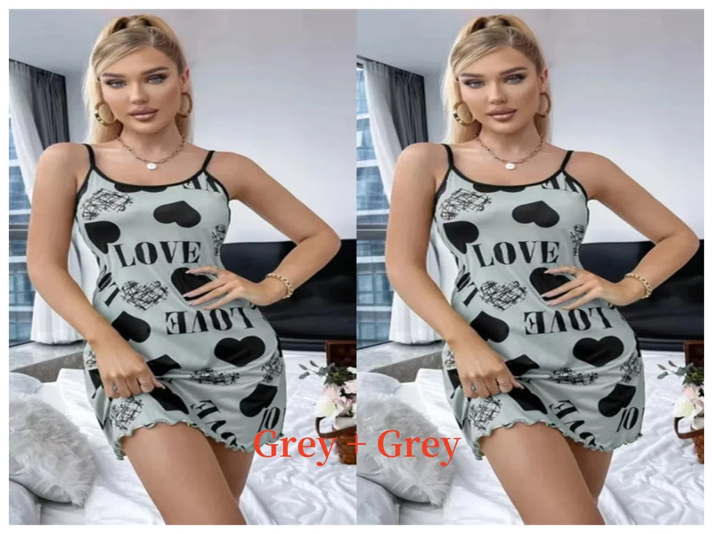 Summer New Women's Nightgown Beauty Back Thin Section Of Home Wear Sexy Halter Short Skirt Love Cartoon Cute Printing Pajamas - Matrix-studios.com