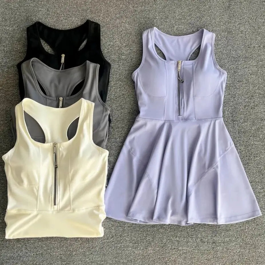 Tennis Skirt Casual Half Zipper Sports Fitness Dress Anti-Running High Waist Slim Golf Yoga Dress - Matrix-studios.com