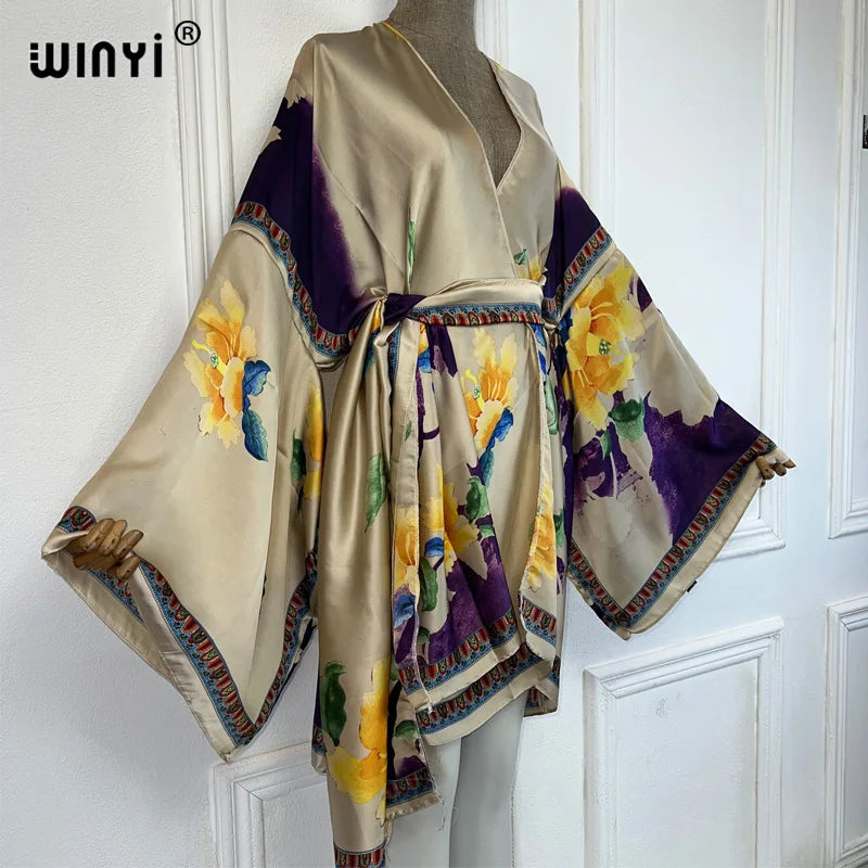 WINYI Summer Beach Outfits Women Swim Suit Cover Up Kaftan Boho Cardigan Stitch Self Belt Sexy Holiday Long Sleeve Print Kimono - Matrix Studios