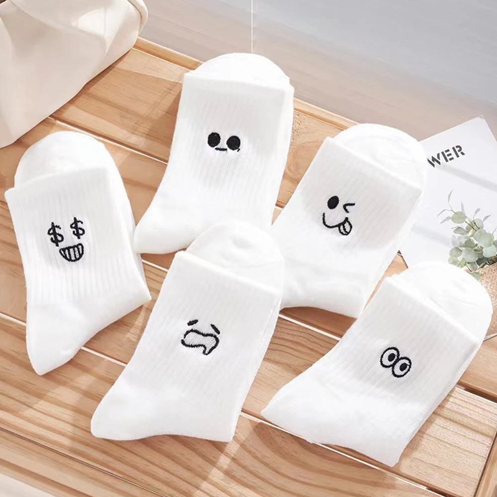 5/10 Pairs Women White Cartoon Socks Trendy Versatile Expression Socks Simple Design Soft Breathable Comfortable Casual Socks - Matrix Studios