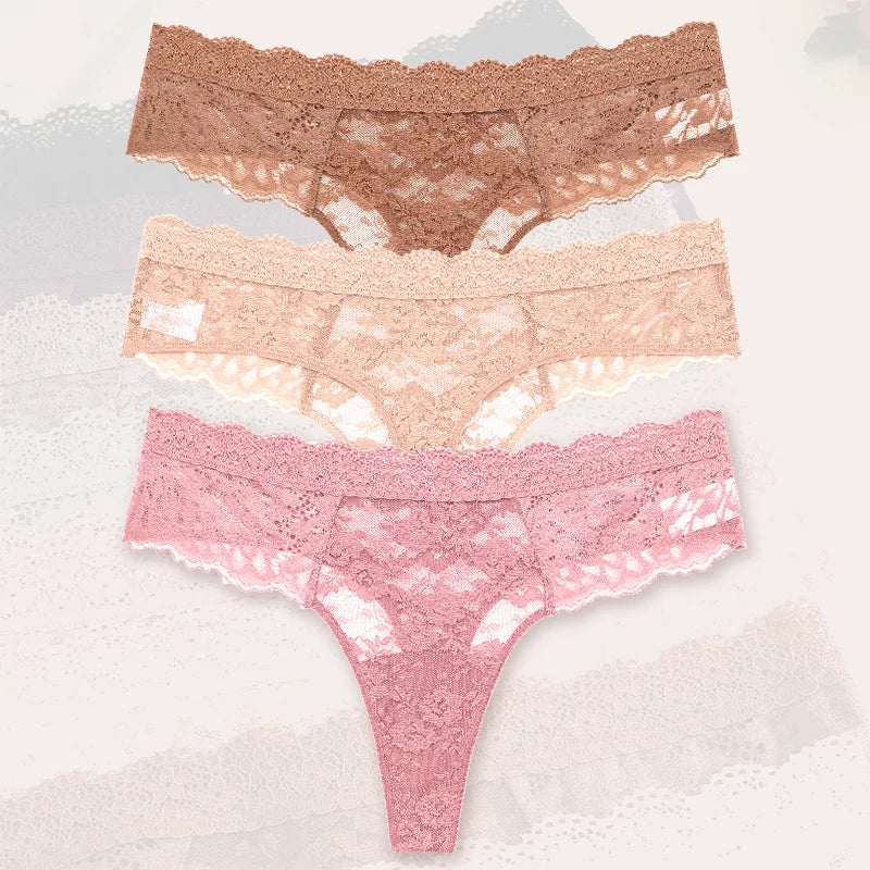 3Pcs Lace Sexy Thongs Women Low-Rise Briefs Sexy Soft Ladies Underwear Trendy Floral Underpants Female Flowery Panty Lingerie - Matrix Studios