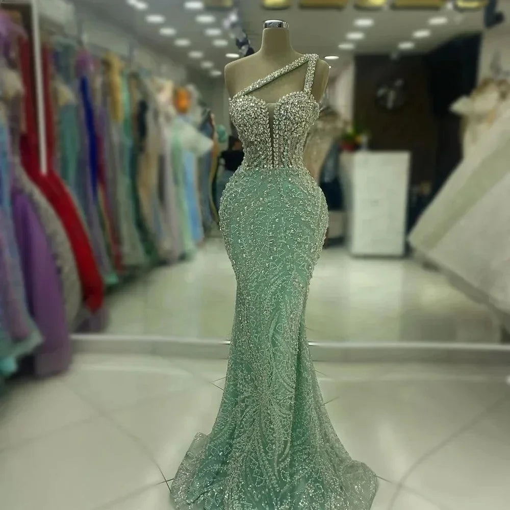 Customized Exquisite Evening Dresses Gorgeous Dazzling One Shoulder Backless Fishtail Gown Beading Long Dress Formal Party Gowns - Matrix-studios.com