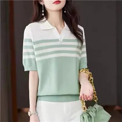 Women's POLO Collar T-Shirt Summer New 100% Cotton Knitted Short-Sleeved Casual Striped Shirt Women's Lapel Pullover Loose Top