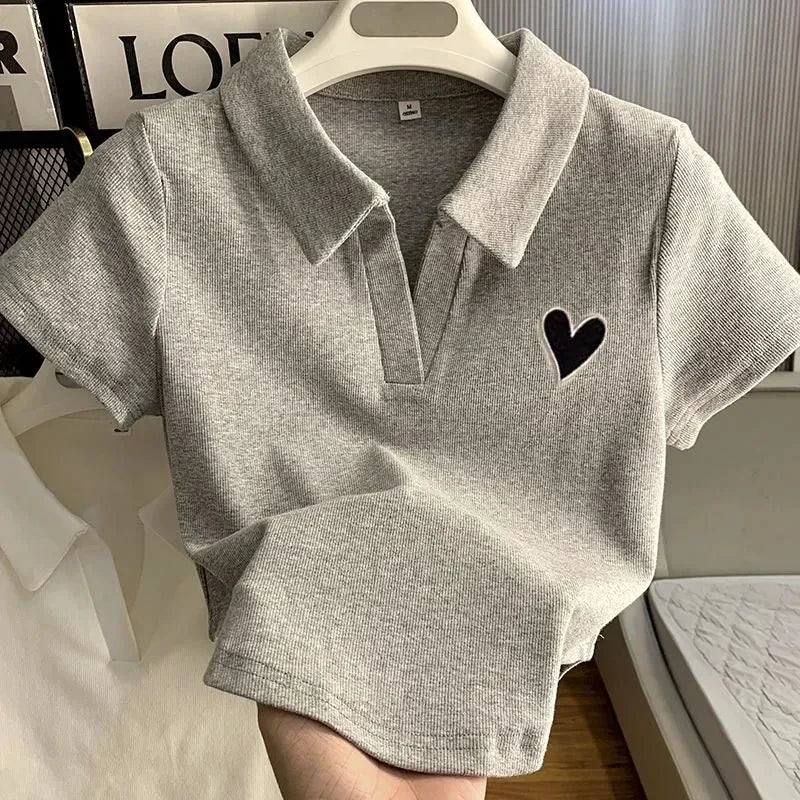 Loves Embroidery T-shirt Polo Collar Orthoshoulder Slim Hotsweet Women's Crop Top Korean Fashion Hottie Simple Casual Wholesale - Matrix-studios.com
