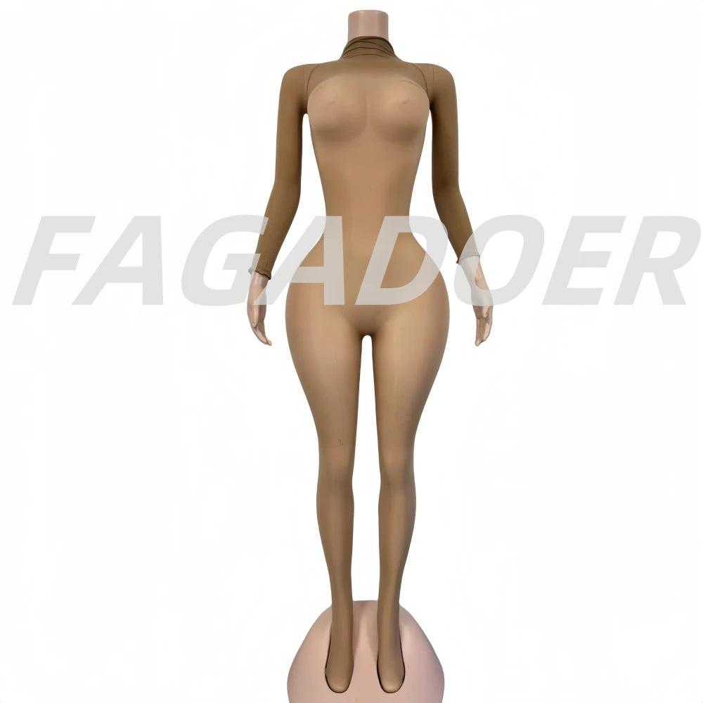 FAGADOER Summer New Sexy Mesh See Through Bodycon Jumpsuit Woman Long Sleeved Round Neck Rompers Female Party Club Overalls - Matrix Studios