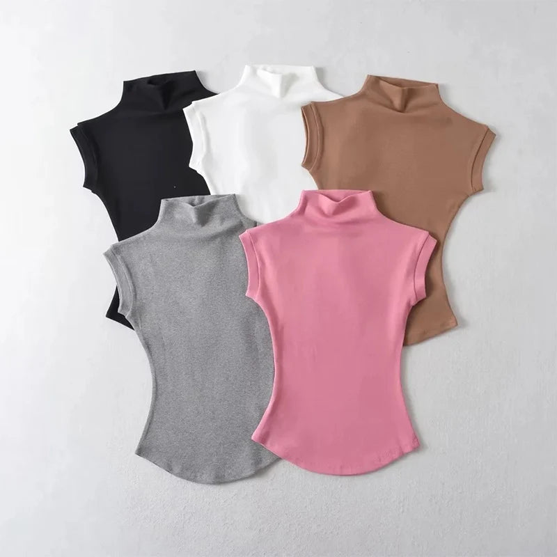 Women Summer Sexy Turtleneck Sleeveless T-Shirts Tops Solid Slim Fit Pullovers Causal Tees Shirts Female Streetwear Basics Tees - Matrix-studios.com