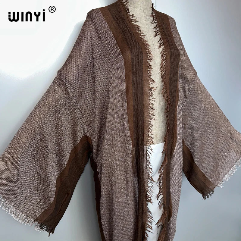 WINYI Retro Kimono Maxi Cardigan Beach Wear Covers Elegant Party Dress Abaya Dubai Luxury Muslim Woman Fashion Open Front Kaftan - Matrix Studios