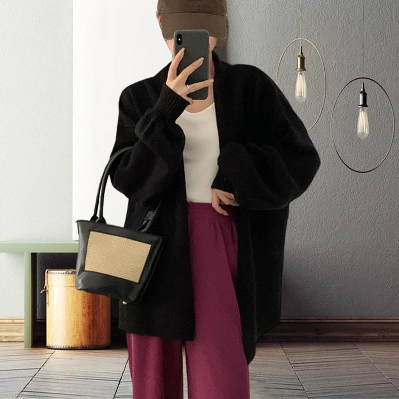 Korean Balloon Sleeve Knit Cardigan Women Korean Solid Color Loose Sweater Coat Woman Lazy Wind Soft Warm Cardigans Ladies - Matrix Studios
