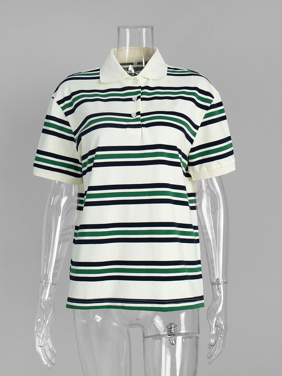 Bornladies Summer 2025 New Women's Retro Striped Polo Short Sleeve T-Shirt Loose Knitted Casual Top - Stylish Flattering Fit - Matrix-studios.com