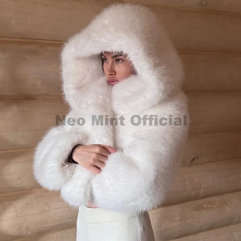Neo Mint Winter 2025 Pure White Mountain Fashion Hooded Cropped Faux Fur Coat Women Fluffy Eco Fox Fur Jacket Girls Hot Overcoat - Matrix Studios