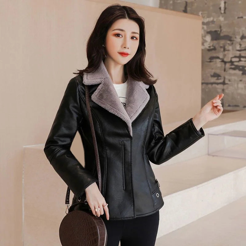 2022 New Winter PU Leather Jacket Women Short Blazers Coat Fleece Double-faced Fur Leather Outerwear Lady Slim Suit Tops Jackets - Matrix Studios