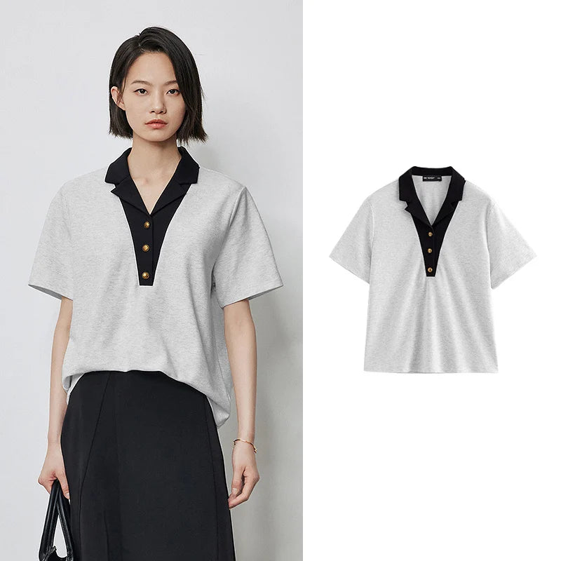 TOYOUTH Women Contrasting Colors POLO Collar T-shirt 2025 Summer New Short Sleeved Top - Matrix-studios.com