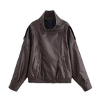 HH 2026 Women Trend Pu Leather Black Coats Stand Collar Long Sleeve Zipper Jacket Woman Fashion Vintage High Street Pu Jackets - Matrix Studios