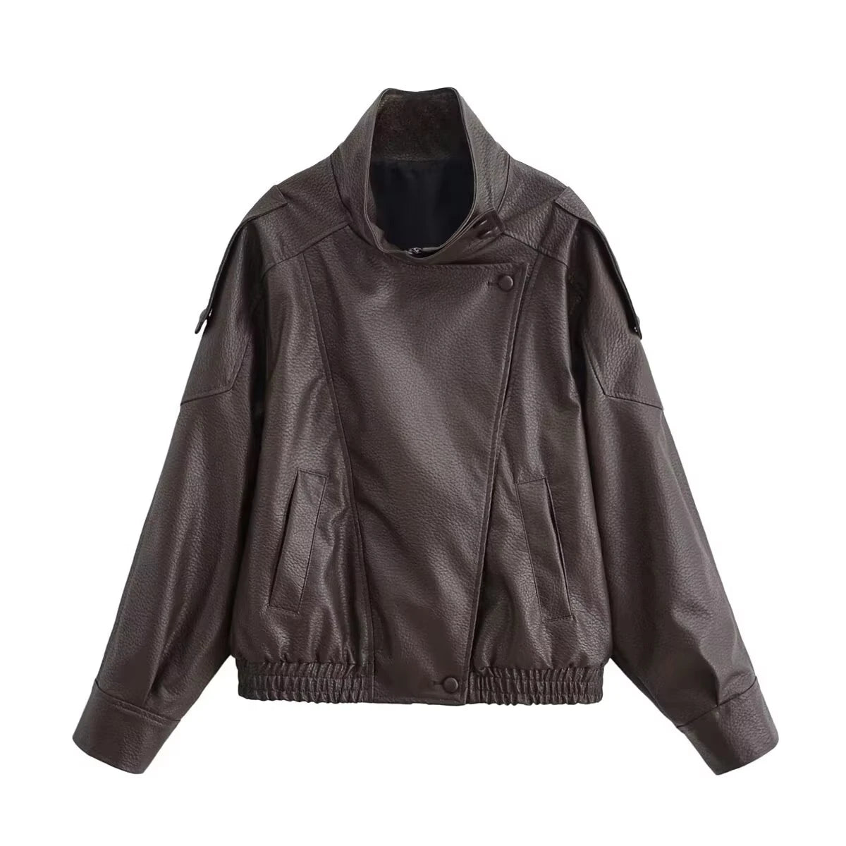 HH 2026 Women Trend Pu Leather Black Coats Stand Collar Long Sleeve Zipper Jacket Woman Fashion Vintage High Street Pu Jackets - Matrix Studios
