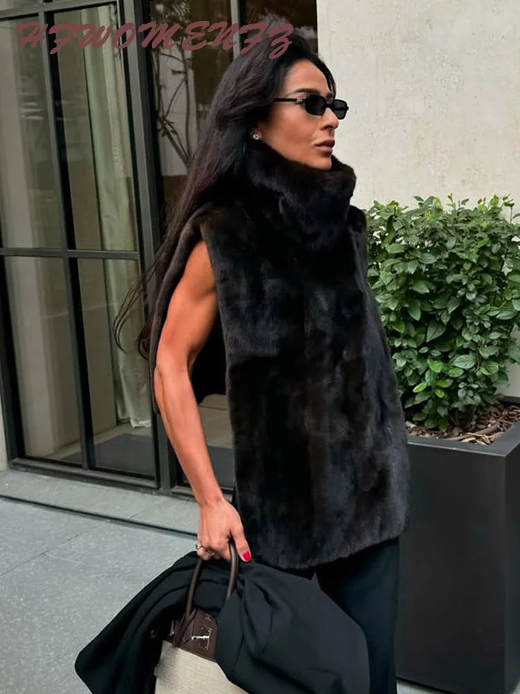 Faux Fur Sleeveless Women Waistcoat Furry High Collar Loose Lady Tank 2025 Autumn Winter All Match Solid Soft Warm Female Vest - Matrix Studios
